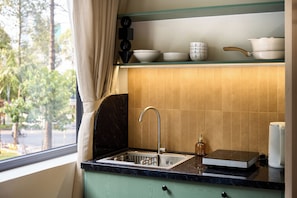 A kitchen with a sink, a window with a curtain, and a shelf with bowls and a pot.