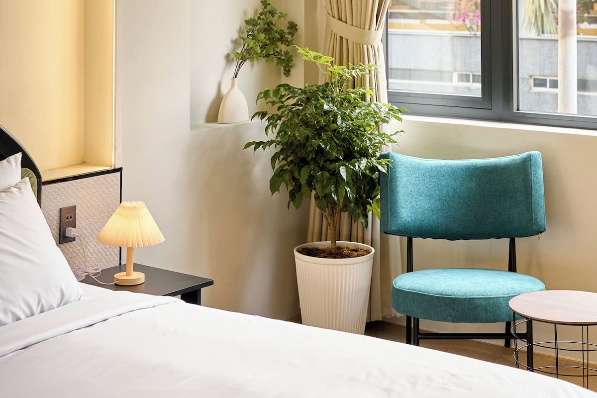 Ein Hotelzimmer mit Bett, Nachttisch, Lampe, Topfpflanze, Stuhl und einem Fenster mit Vorhängen.