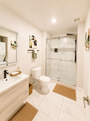 Regadera, secadora de cabello, bidet, toallas 