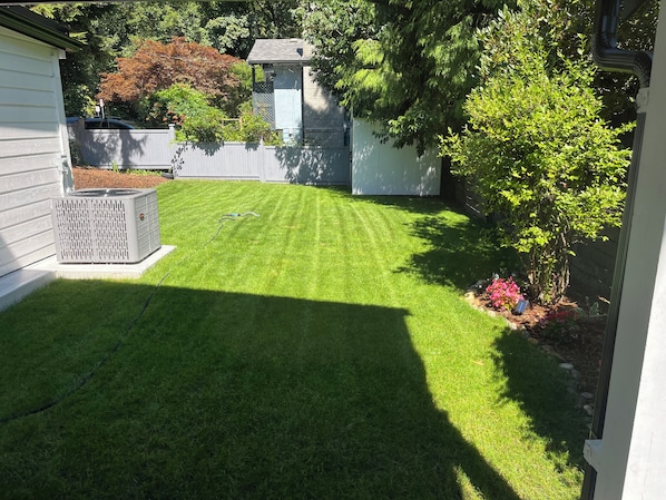 Un jardin bien entretenu avec une pelouse, un petit abri de jardin et un arbre.