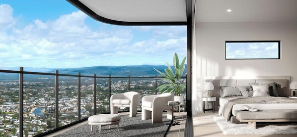 A bedroom with a large bed, a TV, and a balcony with a city view. - Amaya (Broadbeach)