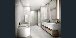 Banheira e chuveiro separados, sabonete, shampoo, papel higiênico