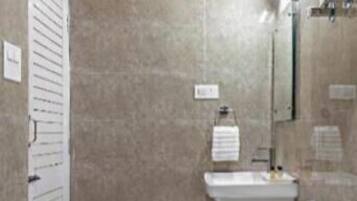 Shower, slippers, towels, soap