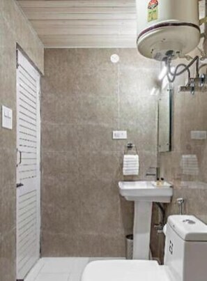 Shower, slippers, towels, soap