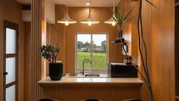 A modern kitchen with wooden paneling, pendant lighting, a large window, and a potted plant.