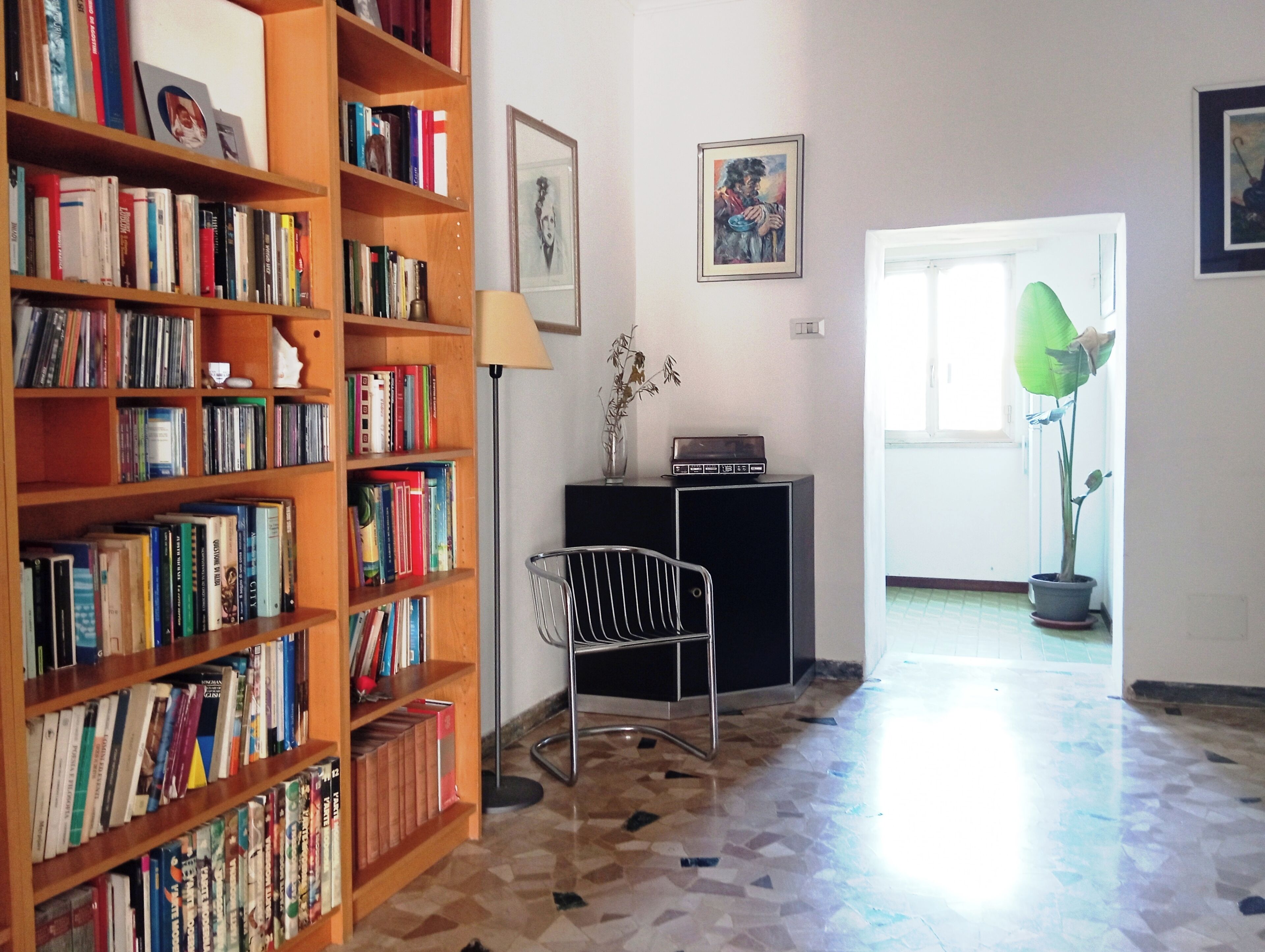 Une pièce comprenant une bibliothèque, une chaise, une lampe, un tableau et une plante en pot.
