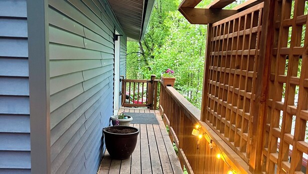 A wooden deck with a railing, potted plants, and string lights. - The Birch Loft - Woodland Retreat (Anchorage)