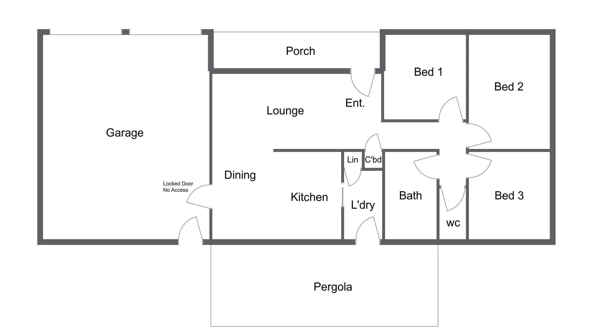 A floor plan with a garage, dining area, kitchen, lounge, bathroom, and three bedrooms.