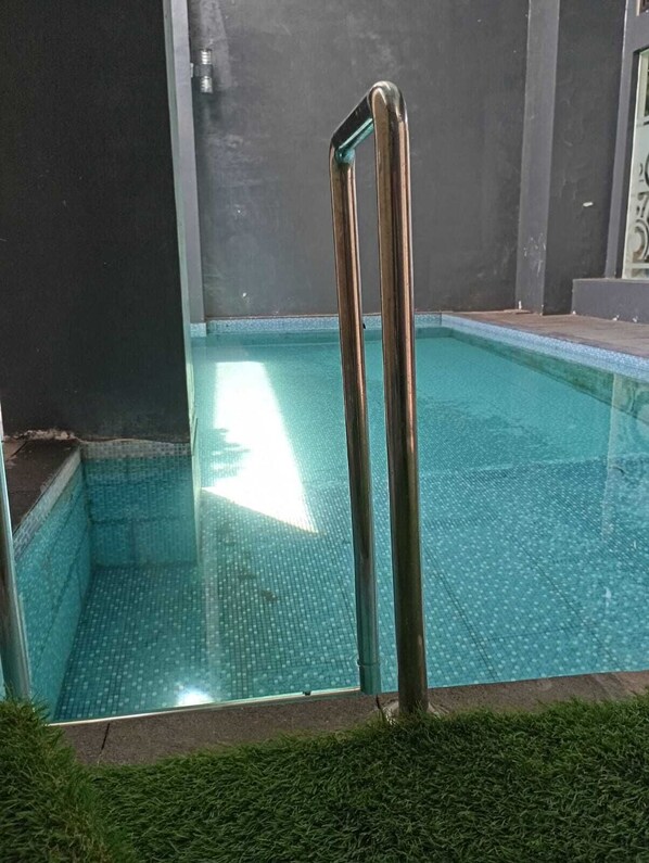 A swimming pool with a metal ladder, surrounded by a dark wall and a grassy area.