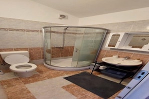 A bathroom with a glass-enclosed shower, a toilet, and a sink with a mirror above it. - Rooms Argo- Turquoise Double Room (Cres)