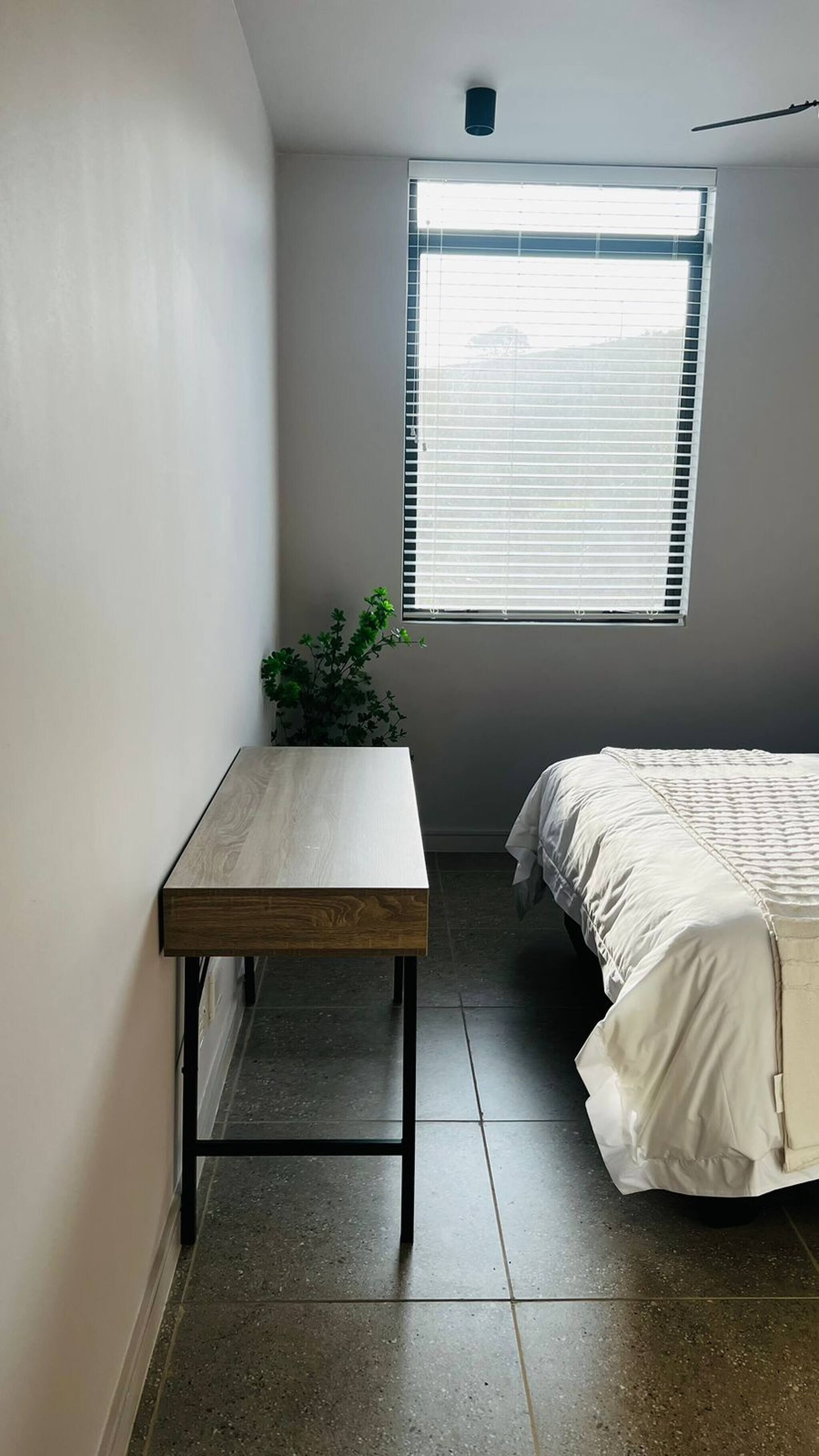 A bedroom with a bed, a bedside table, a window with blinds, and a potted plant.