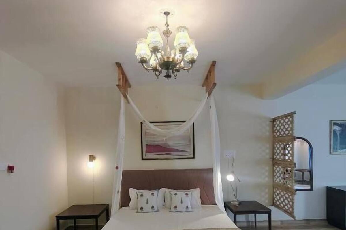 A bedroom with a four-poster bed, a chandelier, a patterned rug, and a wooden floor.