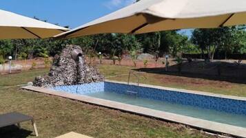 Outdoor pool, pool umbrellas, pool loungers