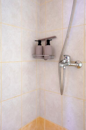 A shower with a handheld showerhead, a wall-mounted faucet, and two bottles of shampoo in a soap dish. - Vachlas Family House 1912 - Balcony - BBQ - Nature near Manikia Climbing Area (H29W+W99 Ag. Vlasios)