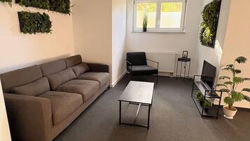 A living room with a brown sofa, a black chair, a coffee table, a TV stand, and a potted plant.