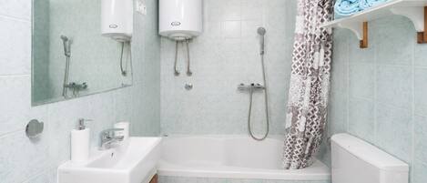 A bathroom with a bathtub, a toilet, a shower, a sink, and a mirror.