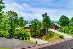 Eine Lodge mit einem grünen Dach, umgeben von Bäumen und blauem Himmel.