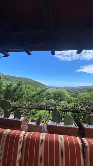 Blick von einer überdachten Außenbereits mit Holzbalkendecke auf eine Landschaft mit Hügeln und klarem Himmel.