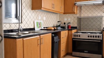 Shared fully equipped kitchen with sink and oven