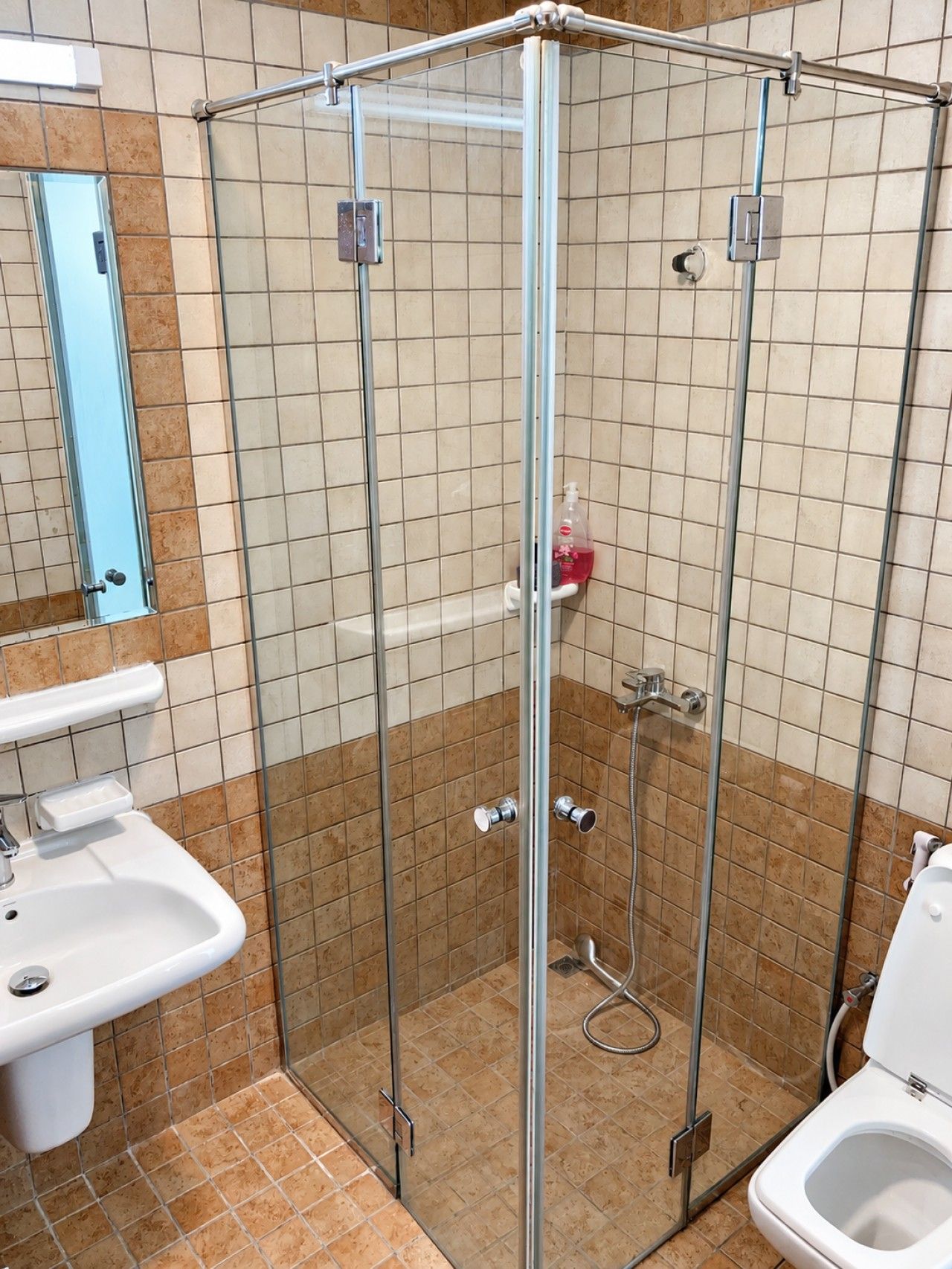 A bathroom with a glass-enclosed shower, a sink, and a toilet.