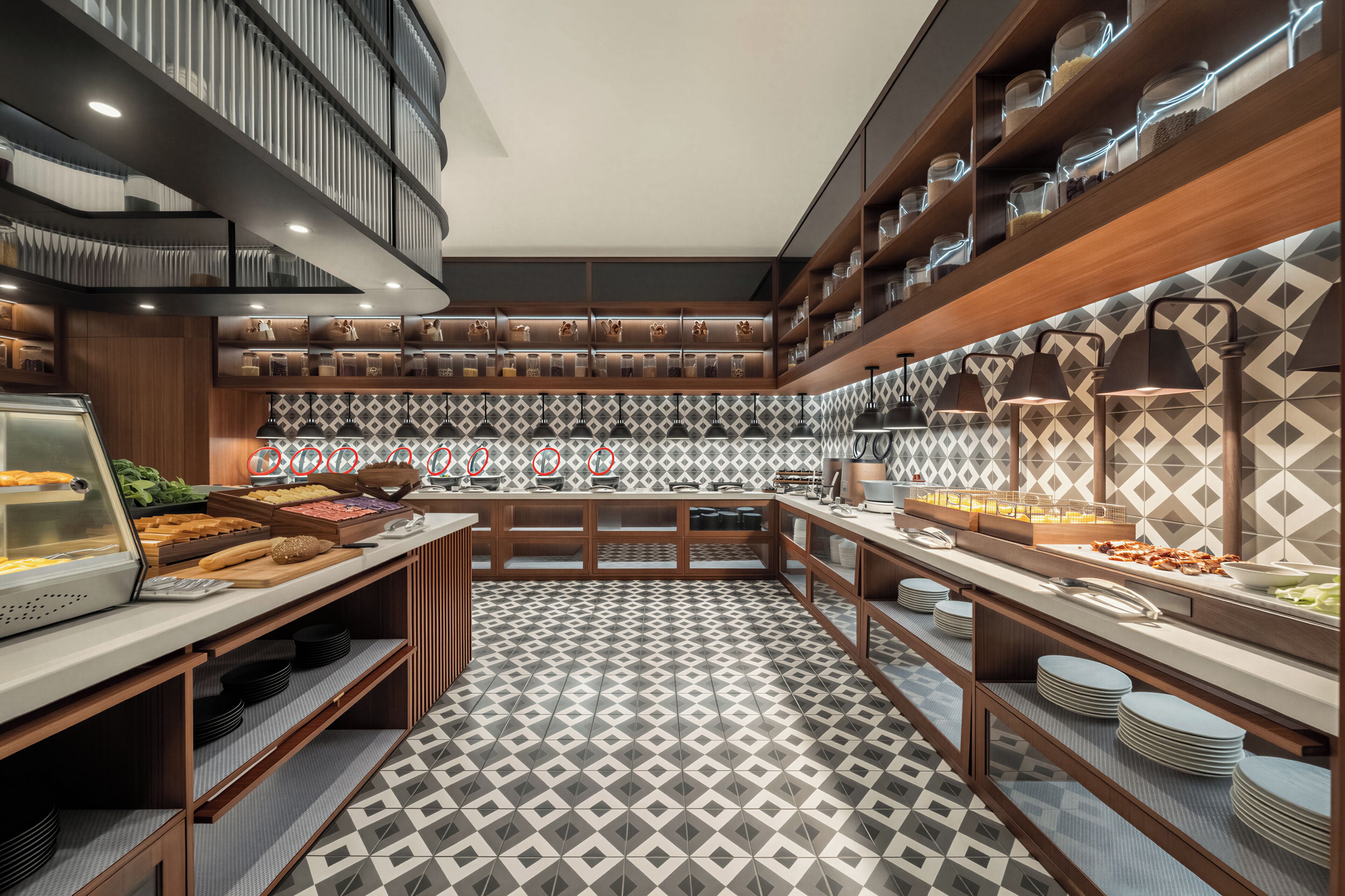 A modern kitchen with a geometric patterned floor, wooden cabinetry, and a variety of food items displayed on shelves and counters.