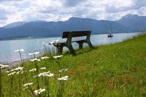 Eine Bank am See, im Hintergrund Berge.