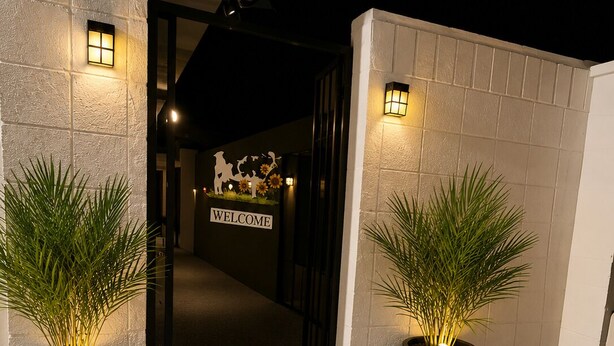 A hotel entrance with a 'WELCOME' sign, two potted plants, and a doormat. - Cozy 1-bedroom apartment in charming Las Vegas with AC (Las Vegas)