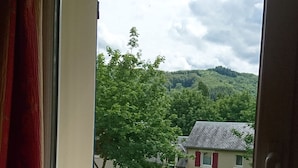 Ein Fenster mit Blick auf ein Gebäude mit roten Fensterläden, einer grünen Rasenfläche und eine Hügel im Hintergrund.