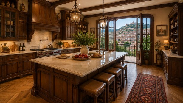 A spacious kitchen with a large island, wooden cabinets, and a view of a hillside town through open doors. - Sunset aparts (Tbilisi)