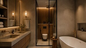 A modern bathroom with a large bathtub, a double sink vanity, and a separate toilet area. - Sunset aparts (Tbilisi)