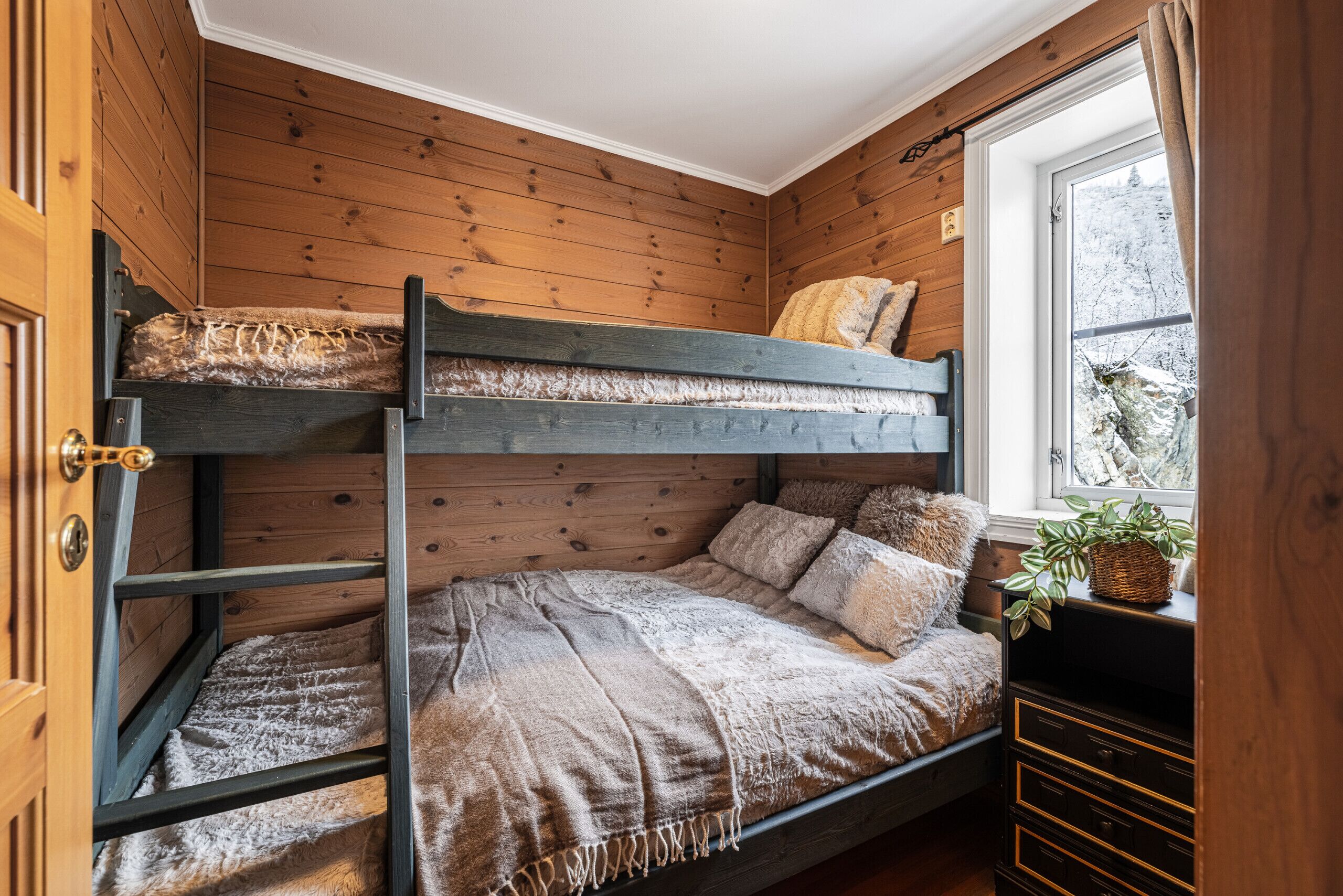 A bunk bed with a window view, wooden walls, and a plant on a dresser.