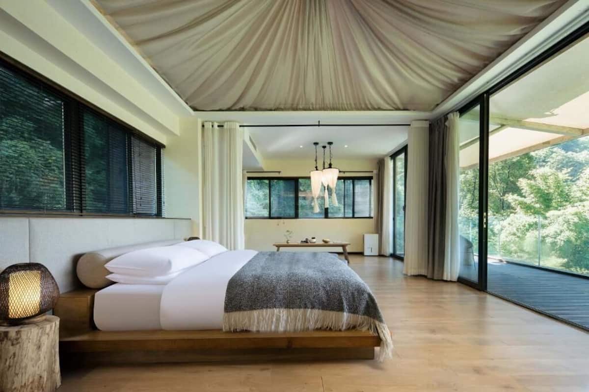 A modern bedroom with a large bed, a wooden floor, and a view of greenery through large windows.