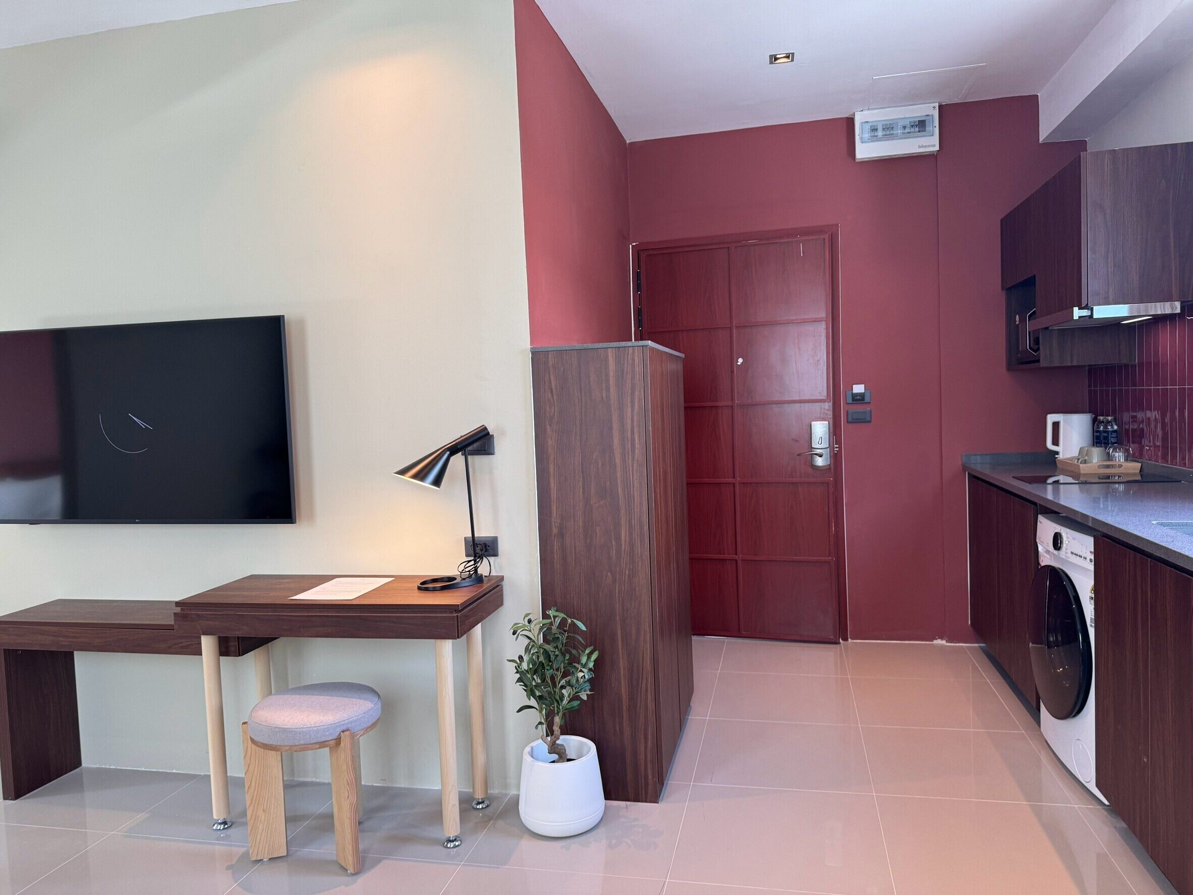Un espacio habitable pequeño con kitchenette, un televisor montado en la pared, un escritorio con silla, una planta en maceta y una puerta.