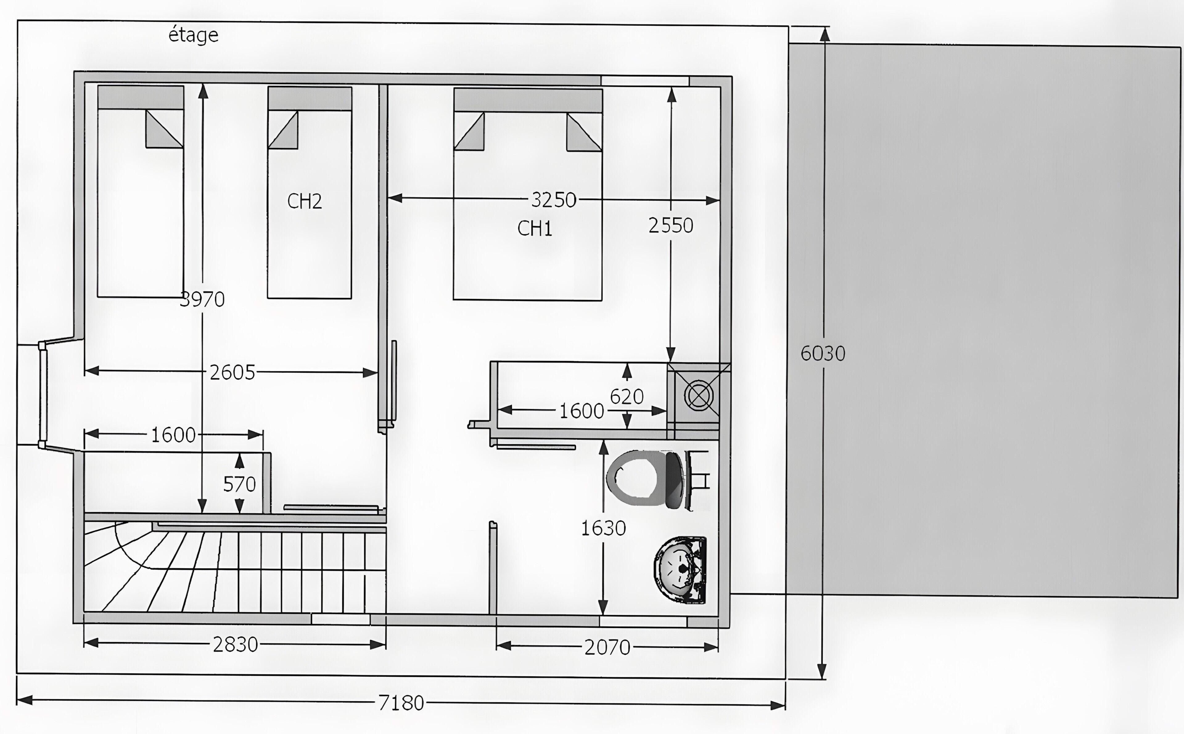 Plano de planta que muestra una cocina, dos dormitorios, un baño y una sala de estar.