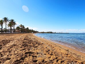 A sandy beach with palm trees and a clear blue sky. - Ground Floor Apartment with Direct Pool Access (Mar de Cristal)