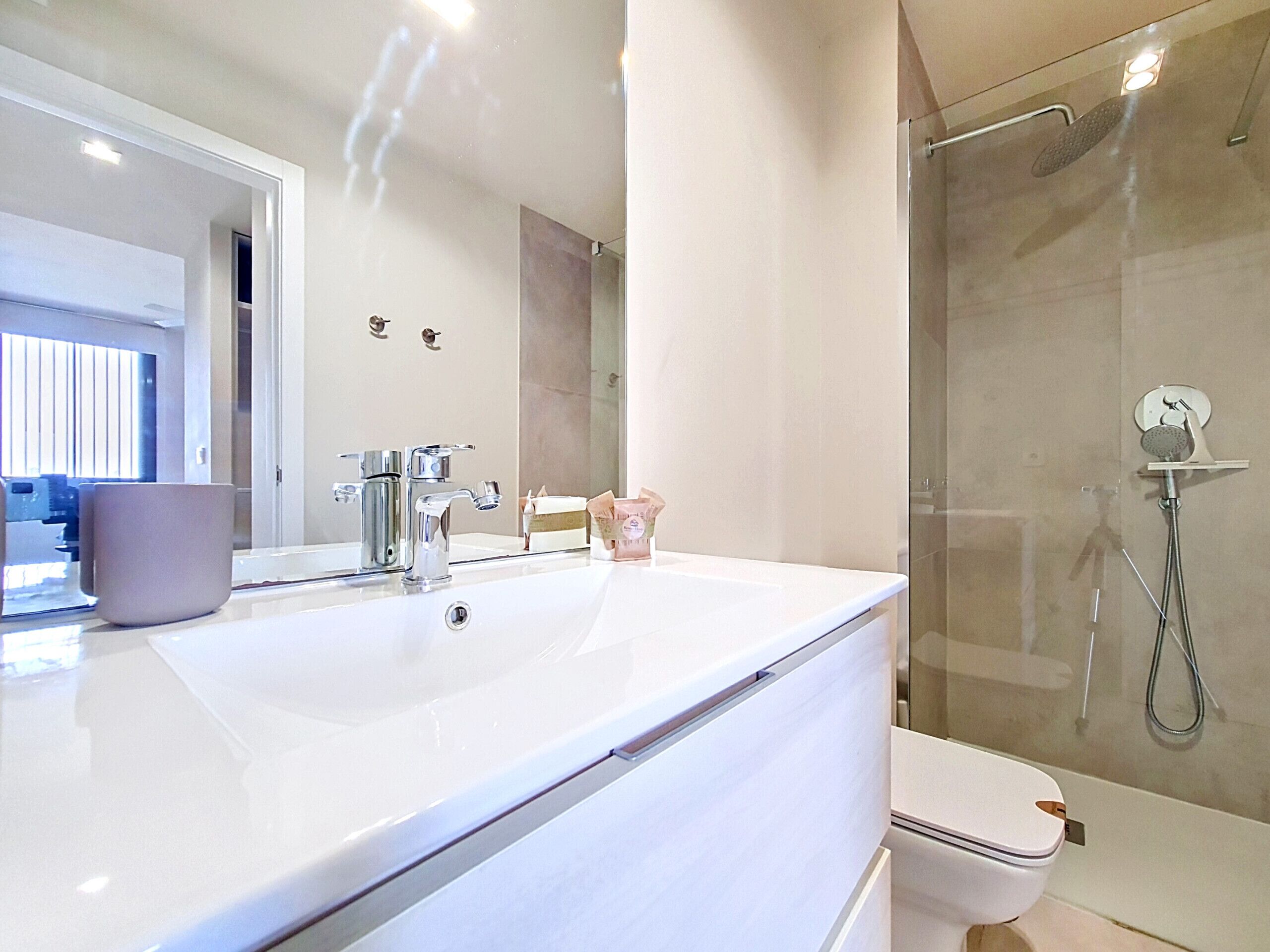 Een badkamer met een groot wit wastafel, een spiegel, een douche en een toilet.