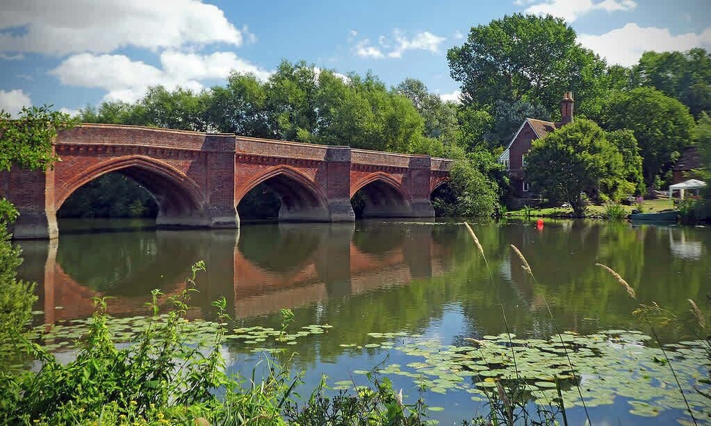 Een bakstenen brug over een rustige rivier met waterlelies, omringd door groen en een huis.
