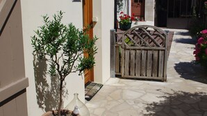 Ein Innenhof mit einem Blumentopf, einem Holztor und einem Steinweg.