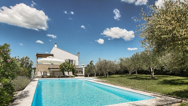 Vue d’une maison avec piscine, prise depuis le bord de la piscine, entourée de verdure et sous un ciel dégagé.