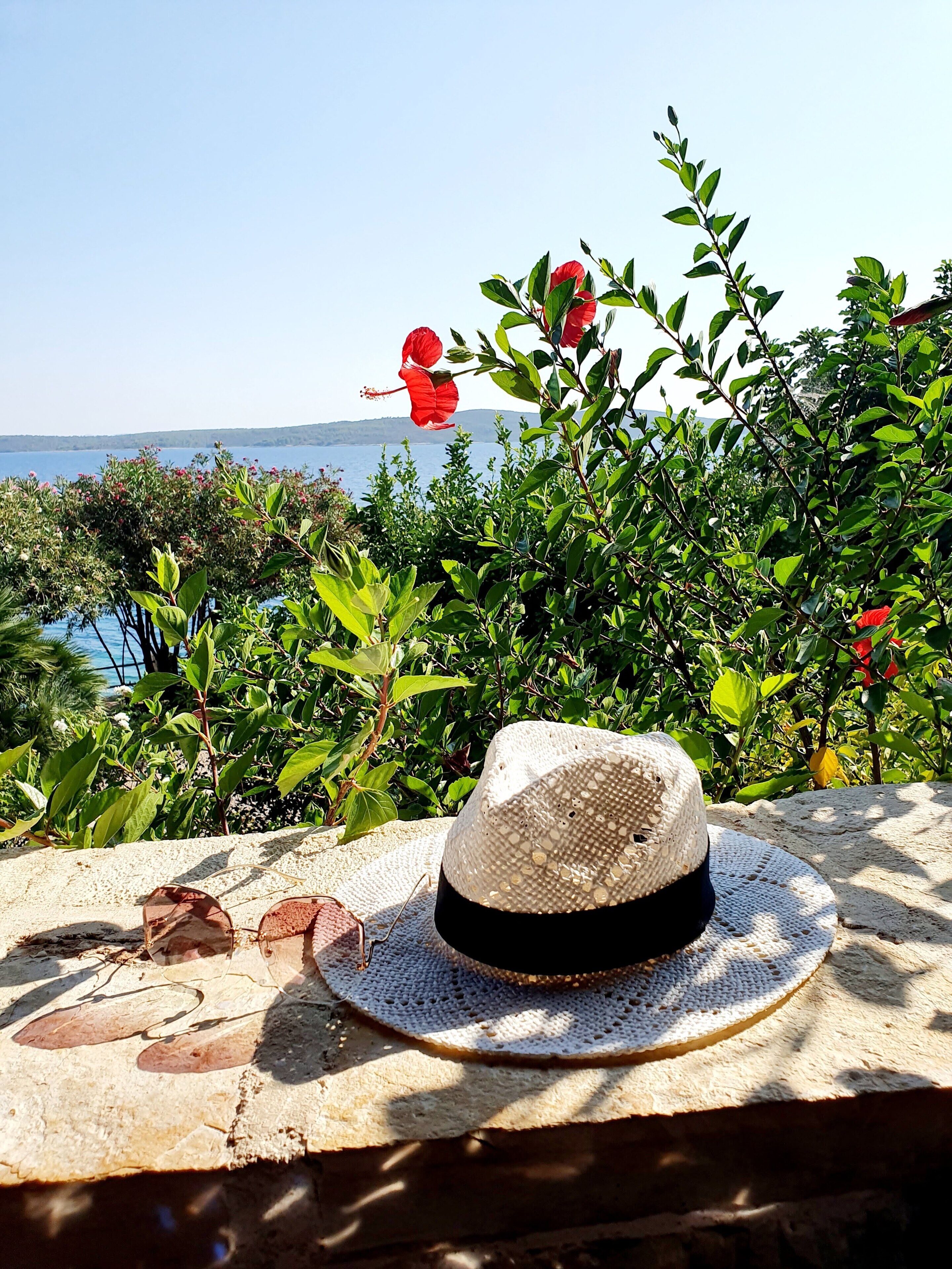 A straw hat on a textured surface with sunglasses and a red flower in the background.