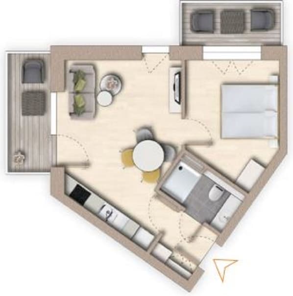 A floor plan of a hotel room with a bed, a sitting area with a table and chairs, a small kitchen area, and a bathroom. - The View A14 Langeneß-Kiek – Sea View, Shared Sauna, Elevator, Garden Furniture (Dagebüll)