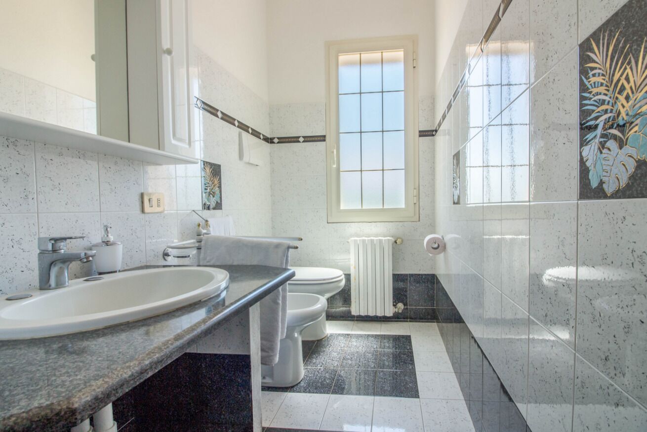 Een moderne badkamer met een granieten aanrechtblad, witte sanitair en een plant.