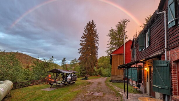 Een rustieke houten chalet met een overdekt picknickgedeelte en een pad van stenen dat naar de ingang leidt.