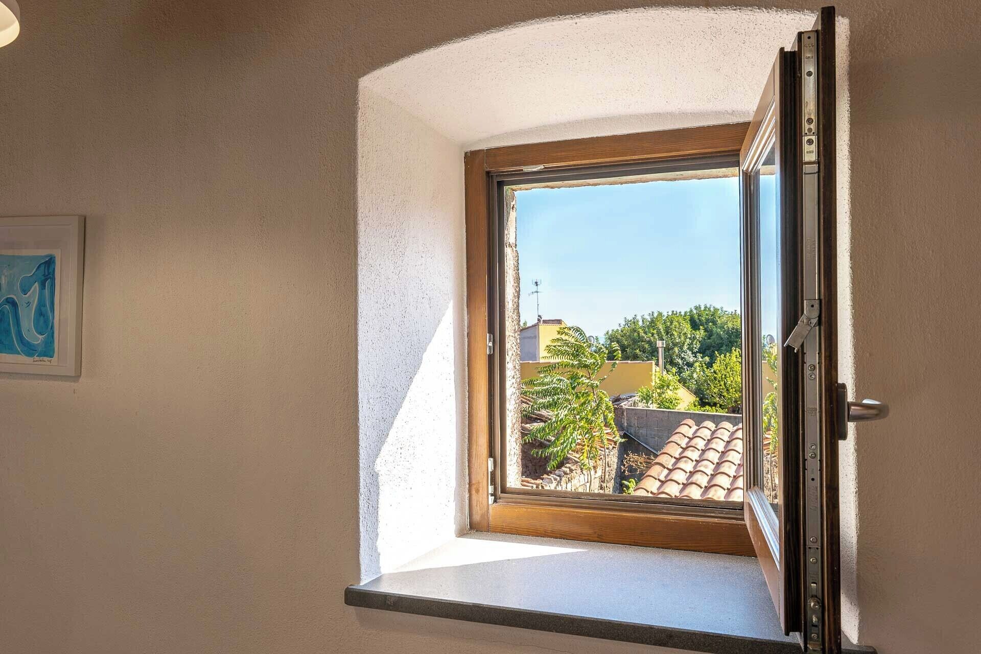 Ventana de tragaluz con vista a un tejado de tejas y follaje exterior.