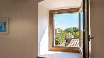 Ventana de tragaluz con vista a un tejado de tejas y follaje exterior.