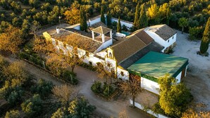 An aerial view of a white building with a green roof, surrounded by trees and a dirt path. - Beautiful home in Puente Genil (Puente Genil)