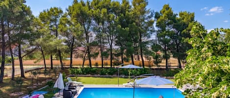 Uma piscina com espreguiçadeiras e guarda-sóis, cercada por árvores e um gramado.