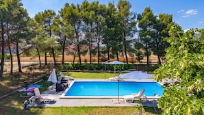 A swimming pool with lounge chairs and umbrellas, surrounded by trees and a grassy area. - Pool & Garden House Jaga (Polaca)