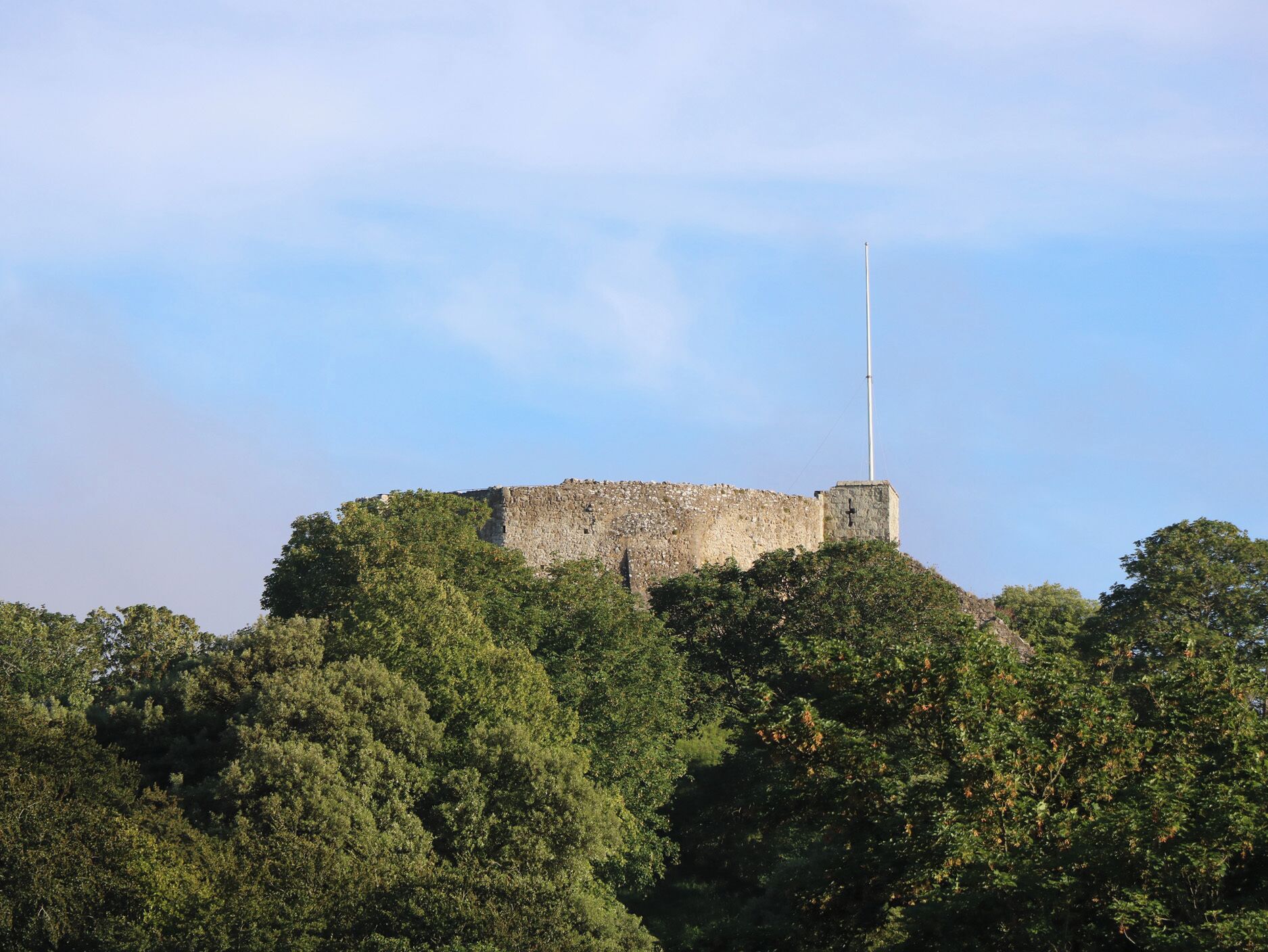 A stone fortress with a flagpole on a hill, surrounded by dense green trees.
