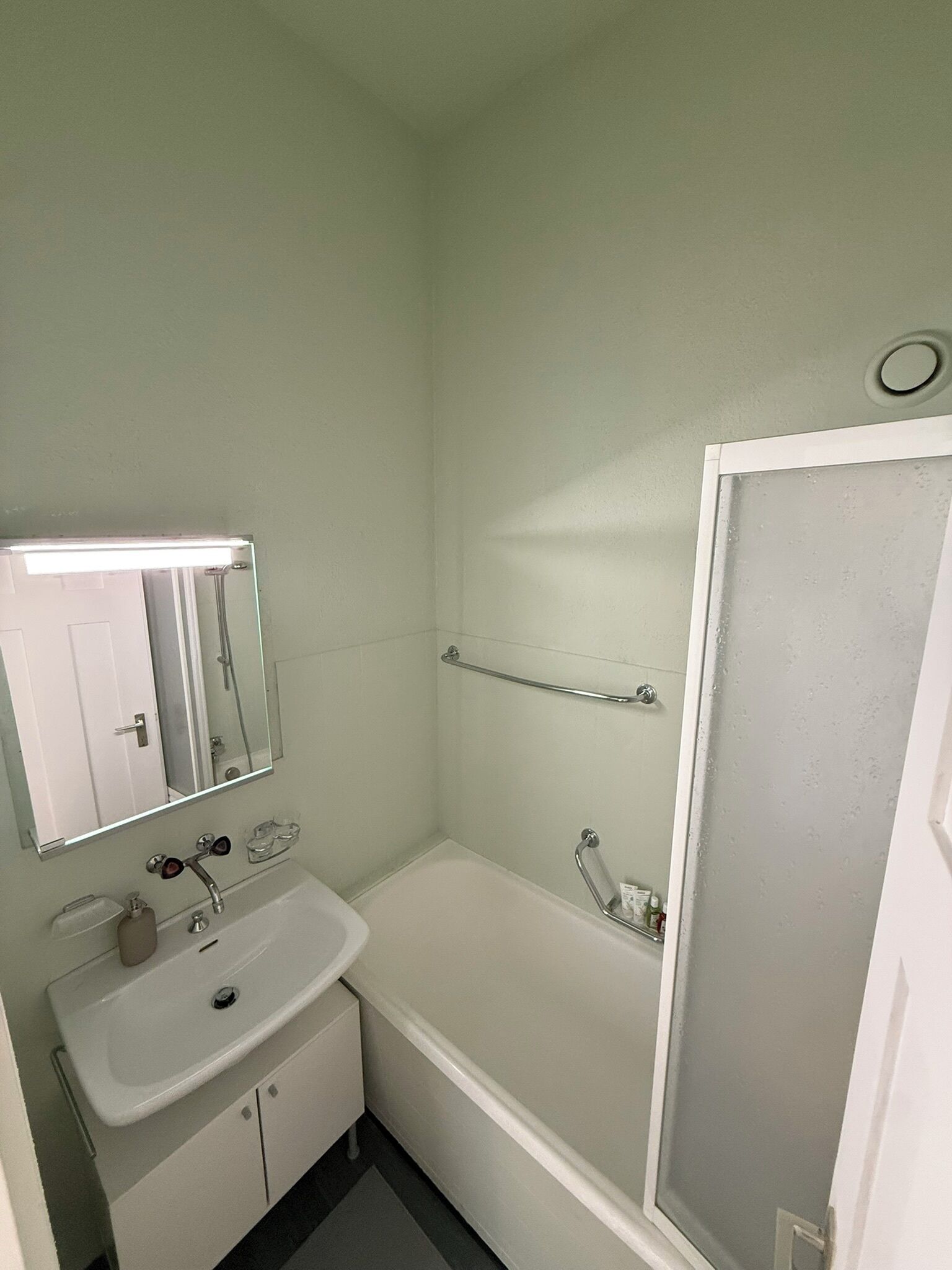 Hair dryer, towels, soap, toilet paper